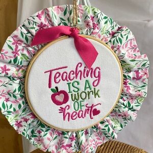Floral Embroidered Wall Art - Pink and Green